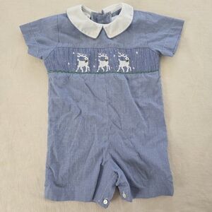 Smocked Reindeer Blue Romper Jon Jon 18 Months Baby Toddler Christmas Winter